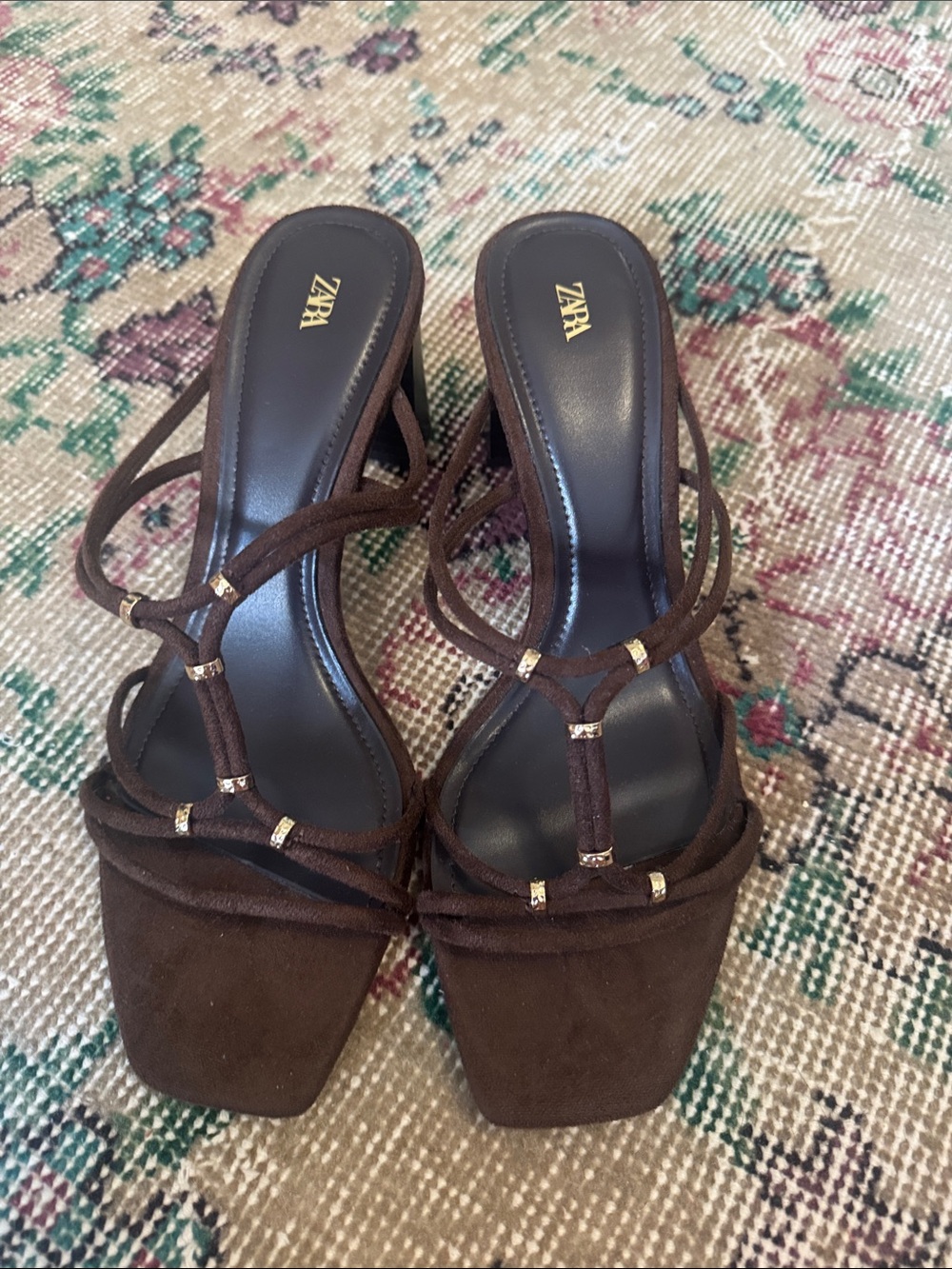 Zara Dark Brown Suede Strappy Heeled Sandals with Gold Accents